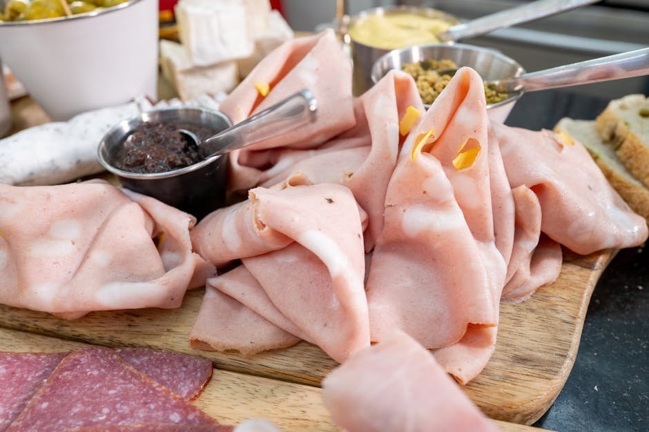 A delicious charcuterie board featuring mortadella and an assortment of sauces perfect for a gourmet snack.