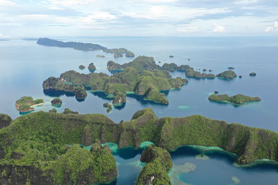 A stunning aerial shot of the lush, tropical islands of Raja Ampat, Indonesia.