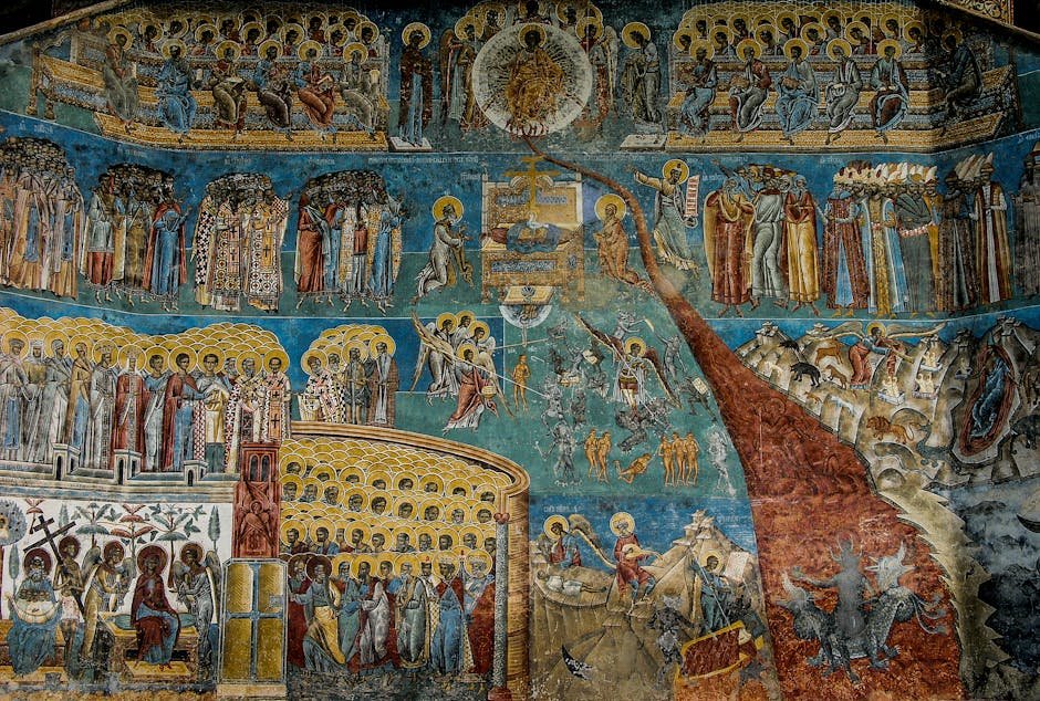 Detailed medieval frescoes at Voroneț Monastery, Romania