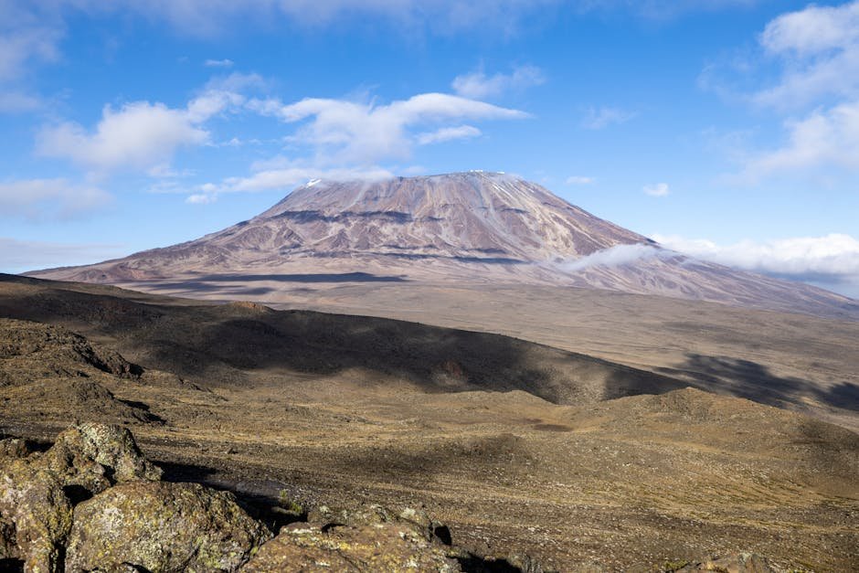 Vista mozzafiato del Monte Kilimanjaro sotto un cielo limpido e azzurro, ideale per appassionati di viaggi e avventure.